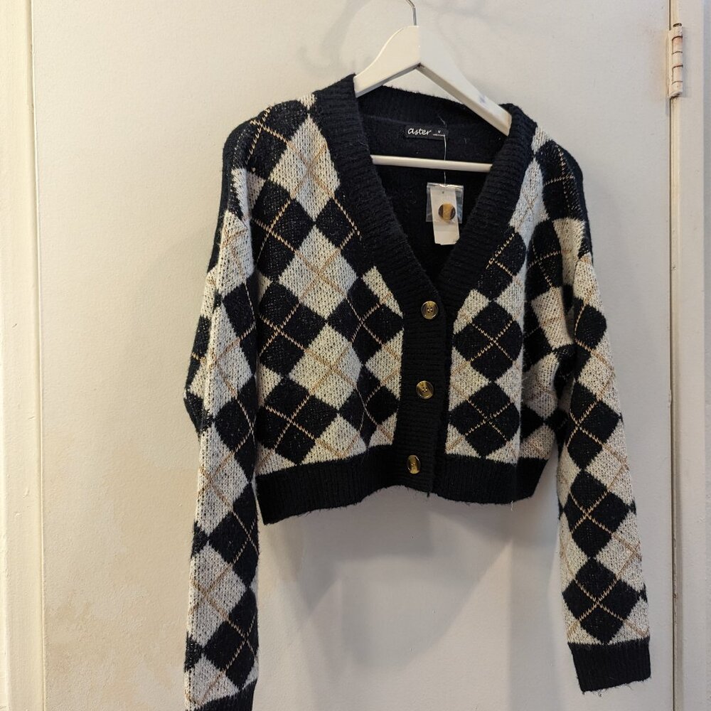 Aster Argyle Button Up Crop Black Checker Print Cardigan Size Medium